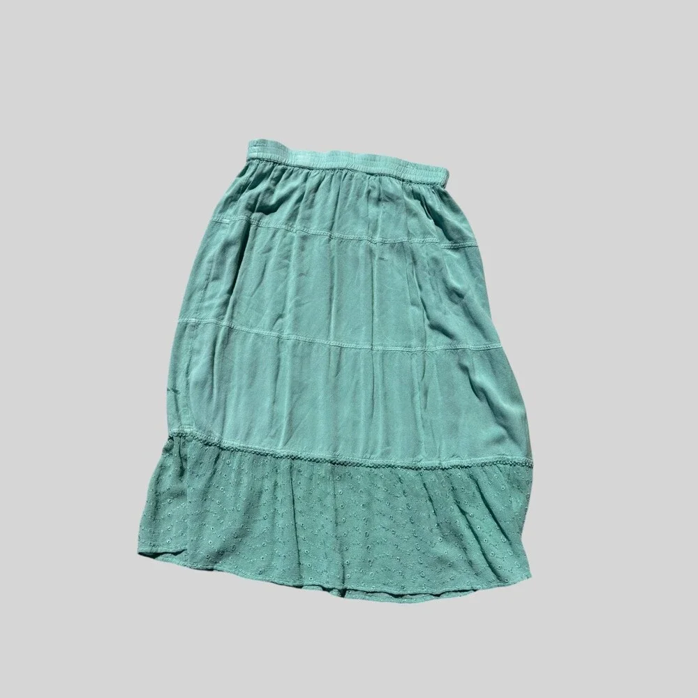 Serengeti Tiered Embroidered Midi Skirt Aqua Mint Boho Elastic Waist Rayon M